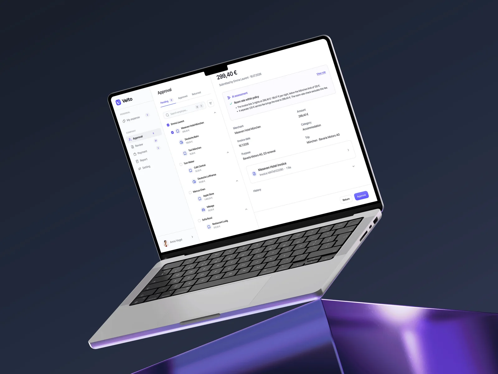 Velto AI-powered expense management web app preview