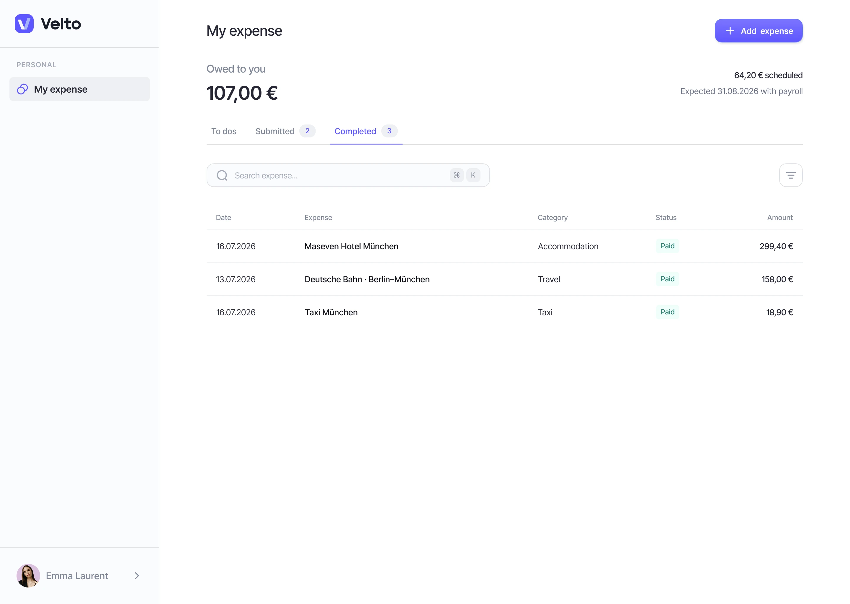 Employee expense overview with visible approval and reimbursement status