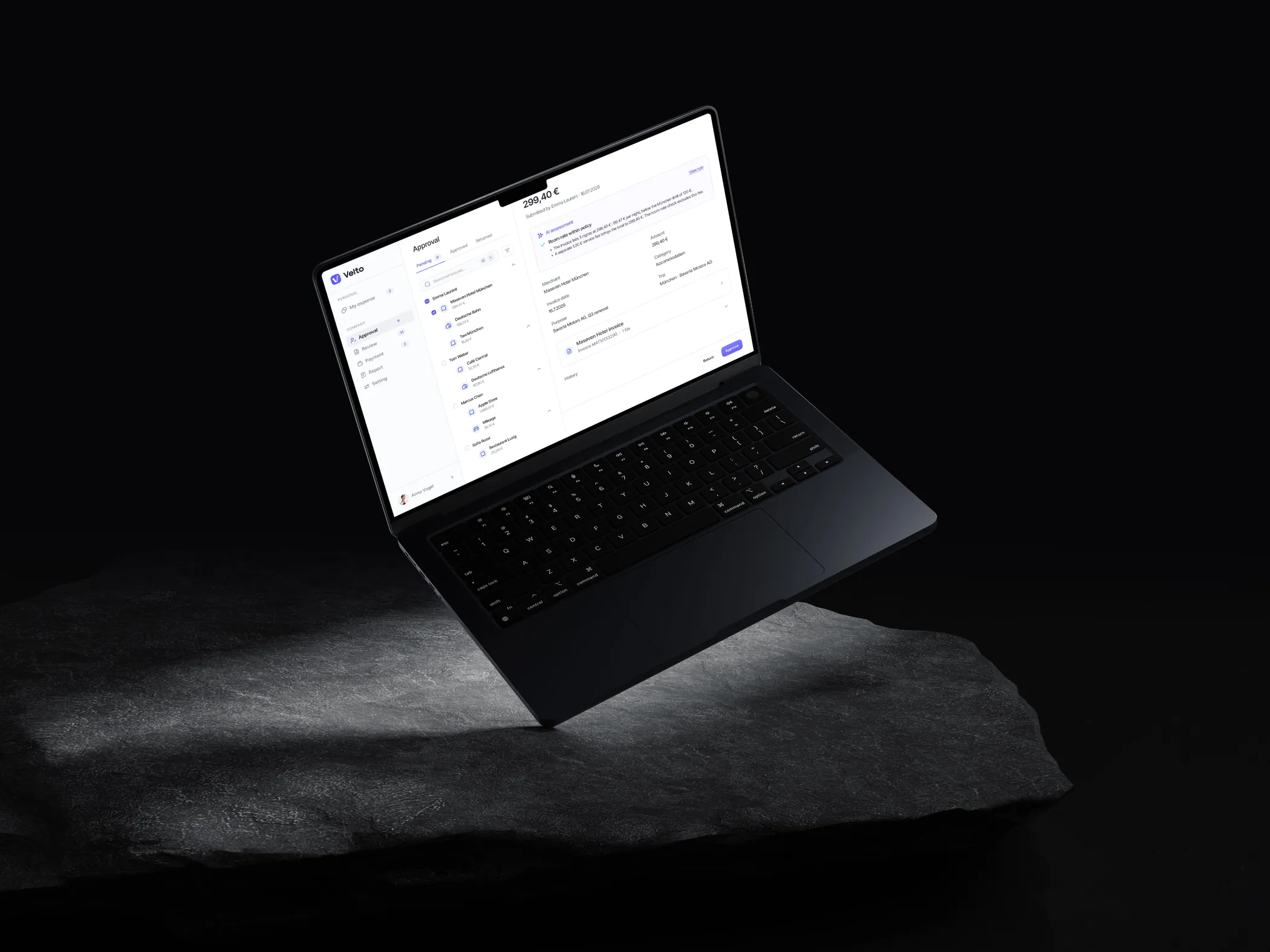 Velto expense management dashboard on a laptop