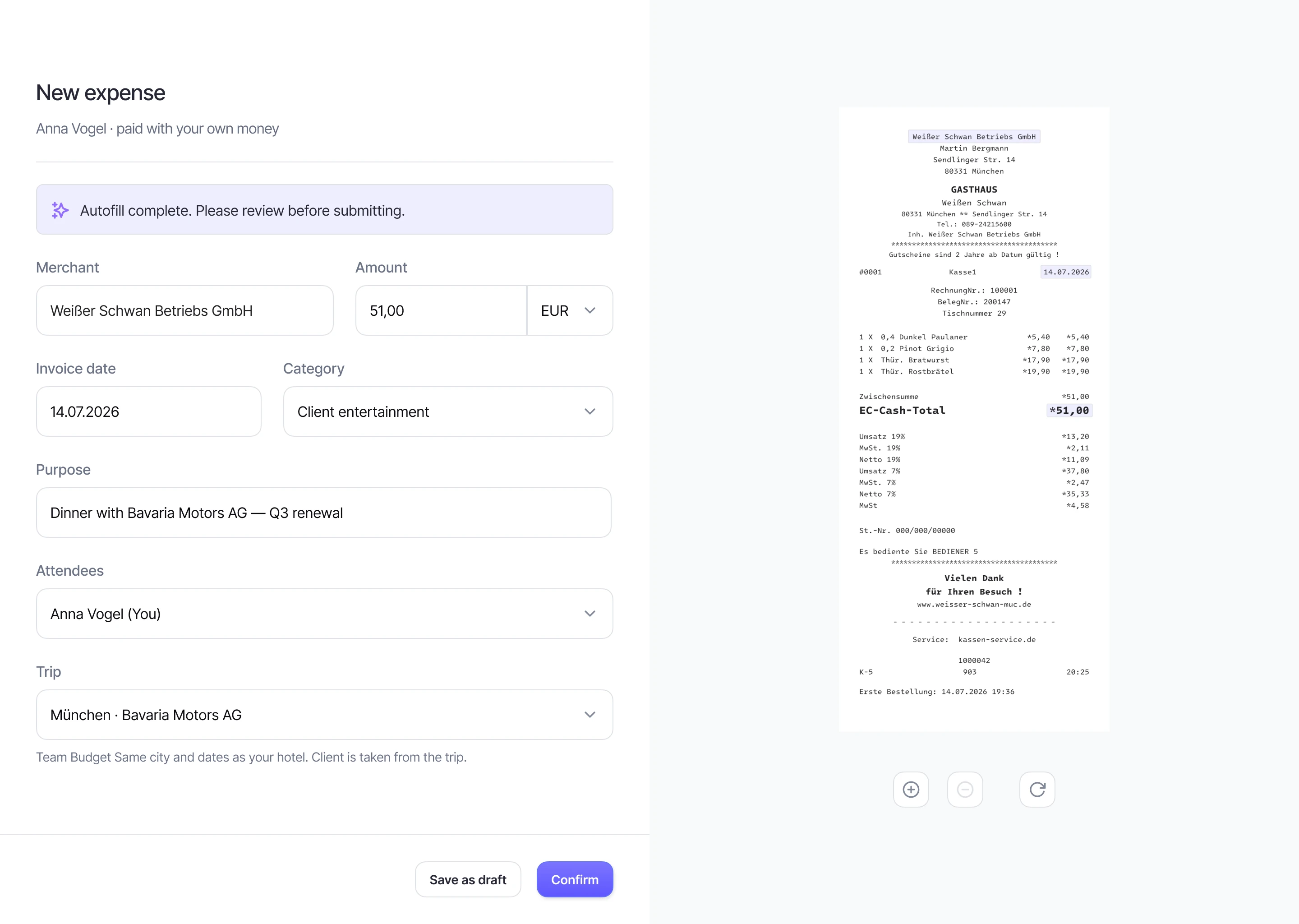 New expense form with extracted receipt information and the original receipt side by side